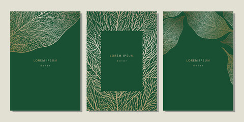 Set of floral templates with linear leaves texture. Luxury dark green backgrounds with golden leaf veins - obrazy, fototapety, plakaty