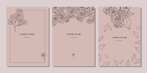 Set of floral templates with linear roses and leaves