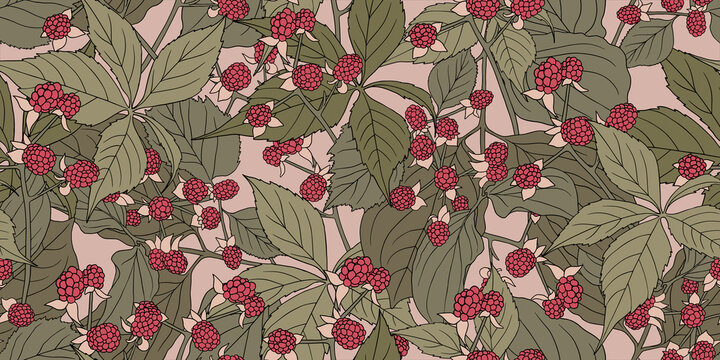 Vintage pattern with ripe raspberry bush on beige background. Berry with leaves