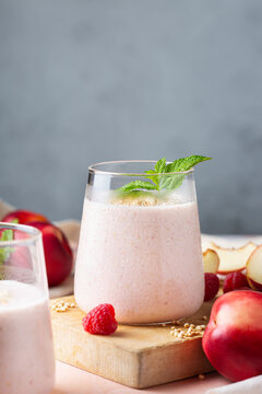 Peach raspberry smoothie, summer refreshing drink, beverage 