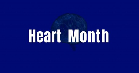 Animation of heart month and brain over dark blue background - Powered by Adobe