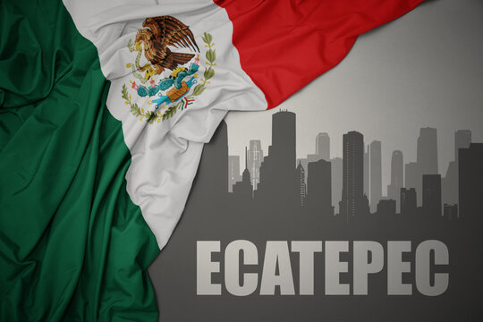 abstract silhouette of the city with text Ecatepec near waving colorful national flag of mexico on a gray background.