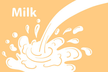 Milk splash banner. Dairy splashes, white creamy liquid drops. Fresh farm food, milk flowelement. Flat milkshake wave recent vector poster.