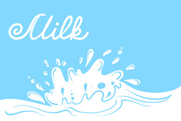 Milk splash banner. Dairy splashes, white creamy liquid drops. Fresh farm food, milk flowelement. Flat milkshake wave recent vector poster. Milk product background. Vector illustration