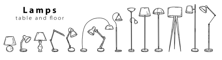 Doodle sketch lamps for the living room, table and floor lamps, hand-painted in different sizes and types, modern and vintage