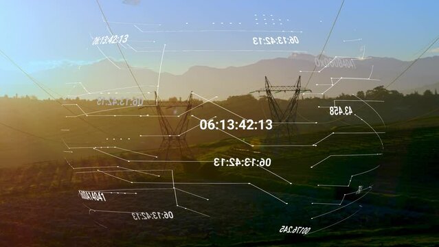 Animation of coordinates and connections over electricity poles at sunset