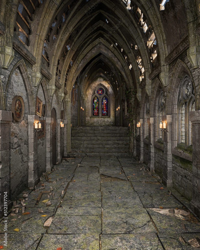 Poster old ruined corridor in medieval castle or church with picture frames on the walls. 3d rendering.