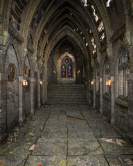 Old ruined corridor in medieval castle or church with picture frames on the walls. 3D rendering.