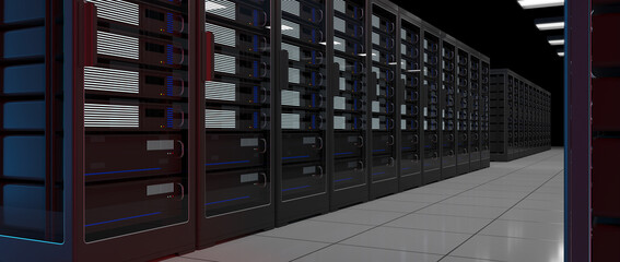 Large white room with servers in rack cabinets, computer security, server room with server towers, database, network server, 3d illustration