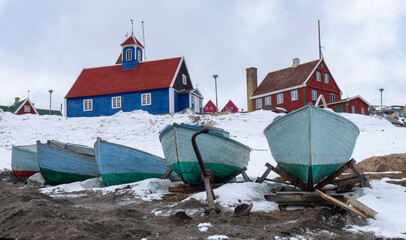 sisimiut greenland with blue bethel church and fishing boats gronland landscape