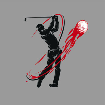 Golfer hit the ball with a stick.Golf player silhouette vector illustration.Good for golf club or tournament logo.