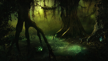 Hintergrund Fantasiewald mit alten großen Bäumen und Moos im Sumpfgebiet,  - obrazy, fototapety, plakaty