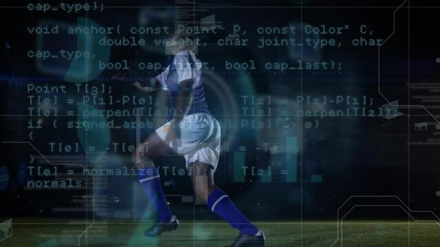 Animation of data processing over african american male soccer player