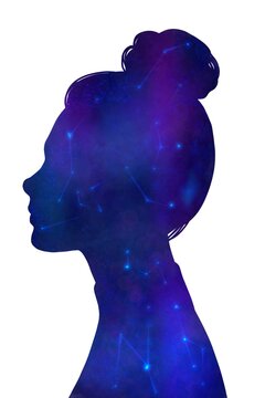 Woman and galaxy double exposure art print. 