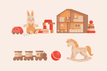 Set of different children's toys: car, plush rabbit, cubes, dollhouse, steam locomotive, ball. Flat vector illustration