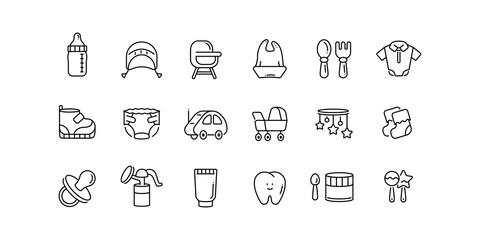Icons set of products for children and motherhood. Outline style, isolated vector illustration - obrazy, fototapety, plakaty