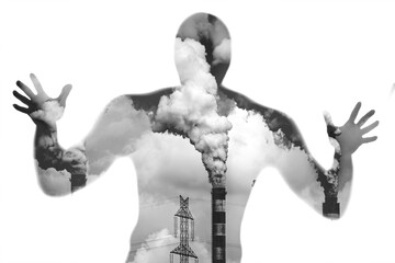 Concept of air pollution affecting humans. silhouette suffering from pollution