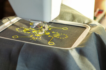 A modern embroidery machine creates an abstract pattern.
