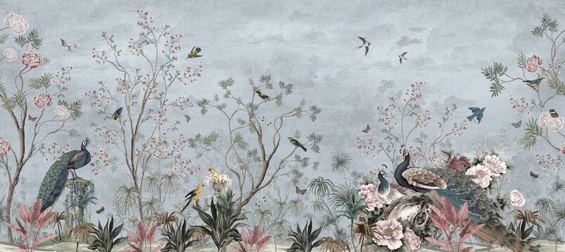 Wallpaper Jungle Pattern And Tropical Forest Banana Palm And Tropical Birds Peacock Birds Old Drawing Vintage Sky