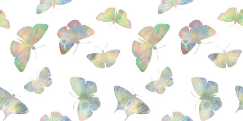 Set of bright butterflies collected in a seamless pattern isolated on a white background.