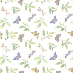 Seamless pattern painted in watercolor in digital processing. Abstract background of butterflies, dragonflies and leaves.