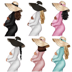 HANDMADE RASTER ILLUSTRATION OF PREGNANT EXPECTING MOTHER WEARING BIG STRAY HAT