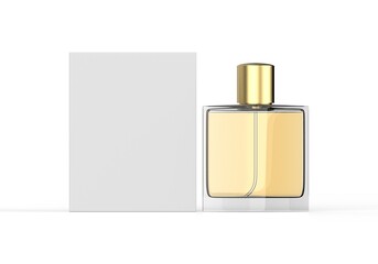Perfume glass bottle with packaging box for branding and mockup, blank transparent perfume glass bottle mockup, 3d render illustration