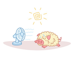 Fluffy pig suffering from heat. Kawaii character lying. Fan cools animal. Hot summer. Vector illustration isolated on white background.