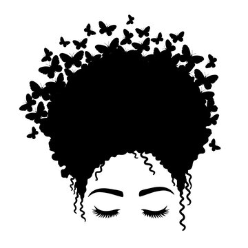Woman face with eyelashes. Afro woman with butterflies. African American Woman. Vector illustration.  Isolated on white background. Good for posters, t shirts, postcards.