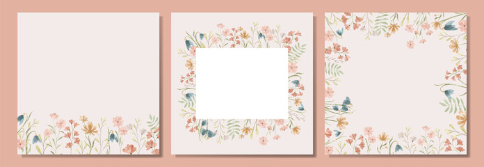 Set of floral frames isolated on the beige background. Cute watercolor floral wreath perfect for wedding invitations and greeting cards.