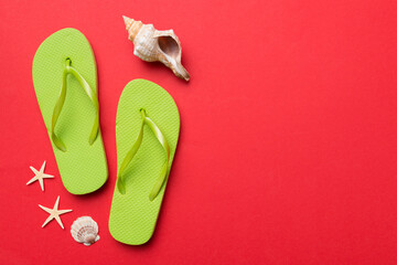 Flat lay composition with flip flops and seashell on colored background. Space for text top view