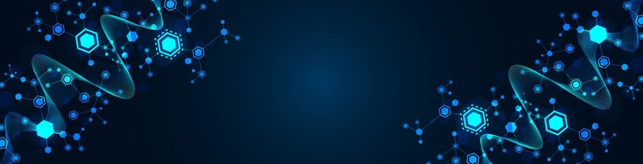 Vector neon background frame. Pattern of hexagons, lines, waves. Design of puzzle plexus. Digital network. Glowing stars. Chemical chain of molecules. Banner technology, business, science, medicine.