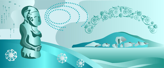 Ancient sculpture of the Scythians on the background of the mound