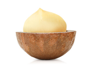 one split macadamia nut on a white isolated background