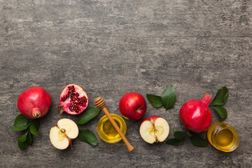 Flat lay composition with symbols jewish Rosh Hashanah holiday attributes on colored background, Rosh hashanah concept. New Year holiday Traditional. Top view with copy space