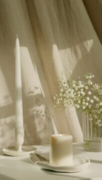 Still life with burning candles, a bouquet of wildflowers, linen fabric on the background and sunlight