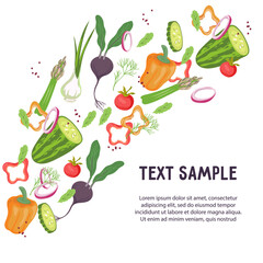Banner or poster design with fresh vegetables, flat vector illustration. Banner for vegan shop, grocery and farm store with vegetables.