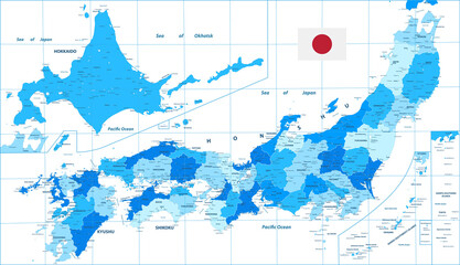 Obraz premium Detailed Political Map of Japan. Cities and towns. Blue color
