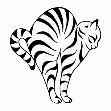 Funny striped cat illustration. Cat silhouette drawing by hand. Vector image. Linear drawing.