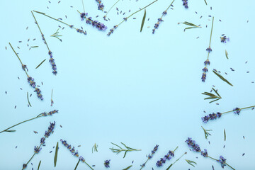 lavender frame on a blue background. top view