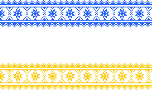 Embroidered Ukrainian ornament in national colors on a white background. Ukrainian flag. Ukrainian embroidery. Geometric patterns on a white background