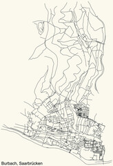 Detailed navigation black lines urban street roads map of the BURBACH DISTRICT of the German regional capital city of Saarbrucken, Germany on vintage beige background