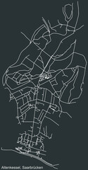 Detailed negative navigation white lines urban street roads map of the ALTENKESSEL DISTRICT of the German regional capital city of Saarbrucken, Germany on dark gray background