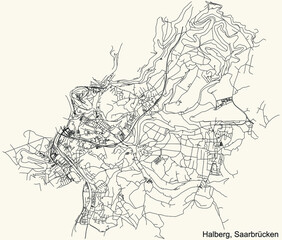 Detailed navigation black lines urban street roads map of the HALBERG BOROUGH of the German regional capital city of Saarbrucken, Germany on vintage beige background