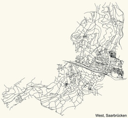 Detailed navigation black lines urban street roads map of the WEST BOROUGH of the German regional capital city of Saarbrucken, Germany on vintage beige background