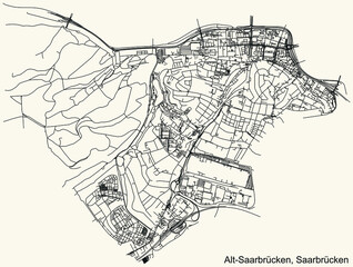 Detailed navigation black lines urban street roads map of the ALT-SAARBRÜCKEN DISTRICT of the German regional capital city of Saarbrucken, Germany on vintage beige background