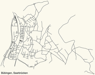 Detailed navigation black lines urban street roads map of the BÜBINGEN DISTRICT of the German regional capital city of Saarbrucken, Germany on vintage beige background