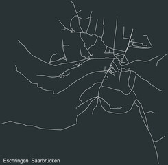 Detailed negative navigation white lines urban street roads map of the ESCHRINGEN DISTRICT of the German regional capital city of Saarbrucken, Germany on dark gray background