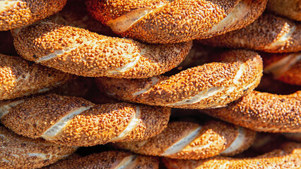 Closeup view of simit (circular bread), a popular street food among tourists and residents in Turkey.