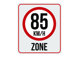 85km/h speed limit zone. Vector illustration.